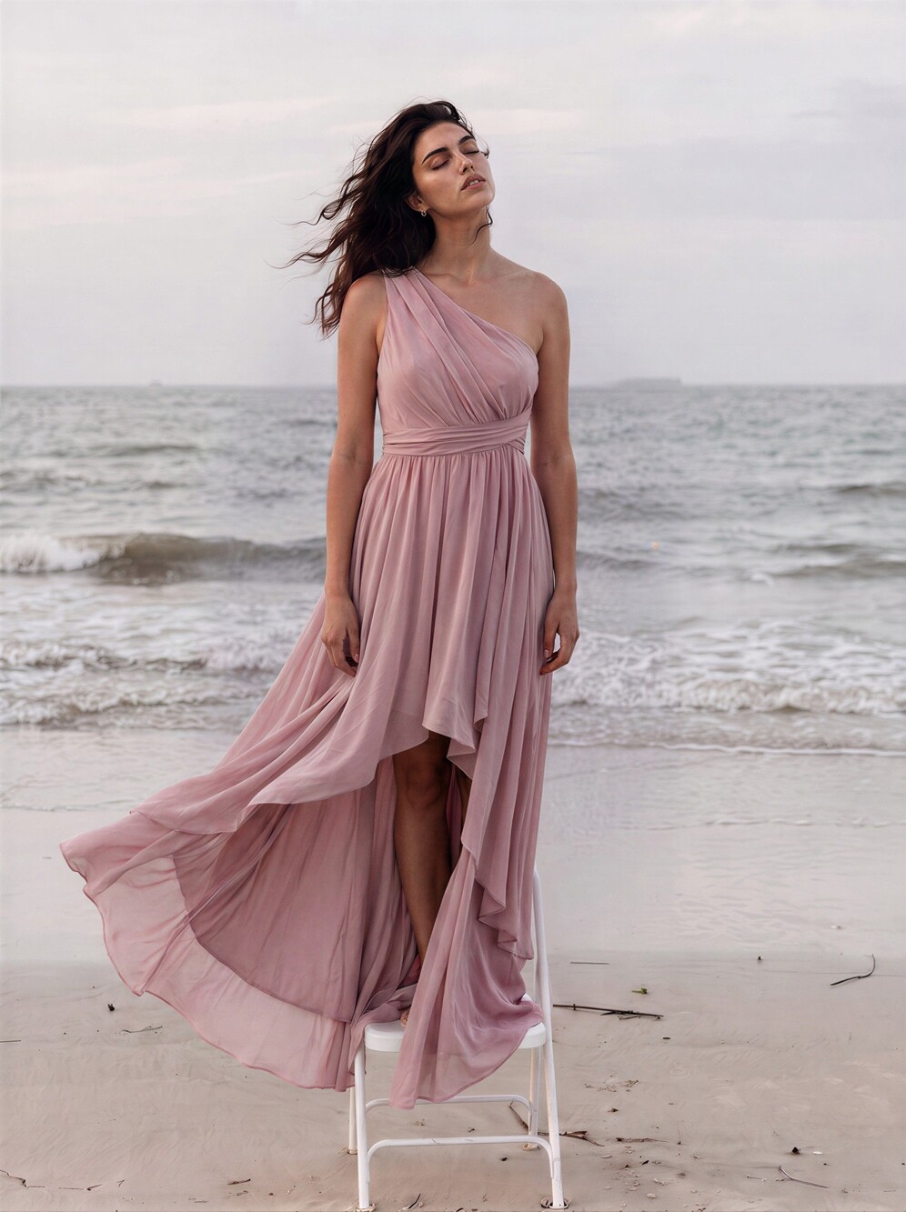 One-Shoulder Pink Chiffon Maxi Gown